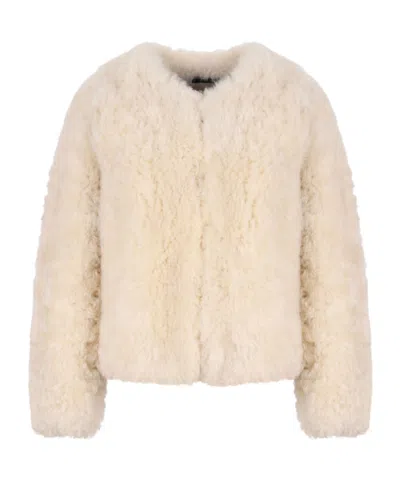 Tom Ford Curly Sheep Shearling Collarless Jacket In Neutral