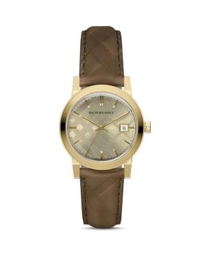 Shop Burberry Check Embossed Leather Strap Watch, 34mm In Gold