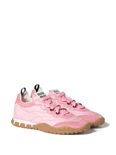 Miu Miu Tyre Sneakers In Technical Fabric And Suede Shoes In Pink
