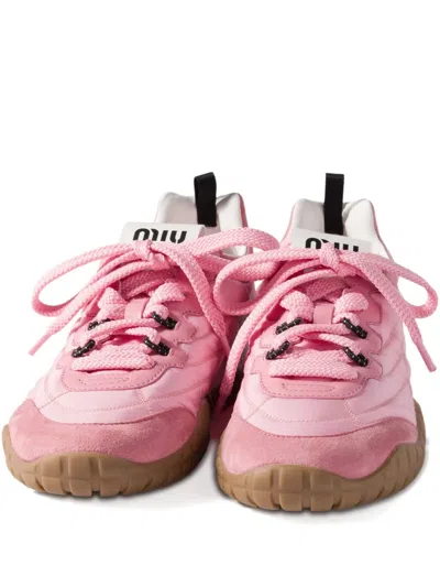 Miu Miu Tyre Sneakers In Technical Fabric And Suede Shoes In Pink