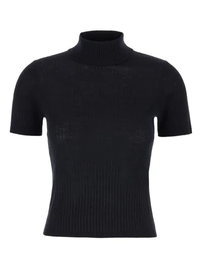 Max Mara Short-sleeved Wool Turtleneck Top In Black