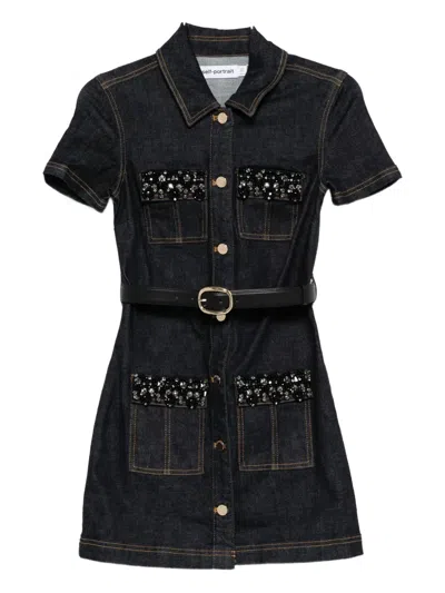 Self-portrait Indigo Denim Crystal Trim Mini Dress In Black