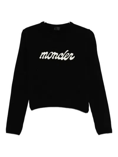 Moncler Cropped Sweater With Contrasting Embroidered Logo In Black