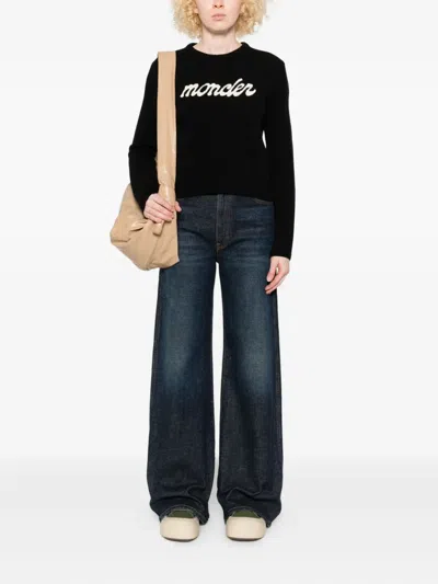 Moncler Cropped Sweater With Contrasting Embroidered Logo In Black