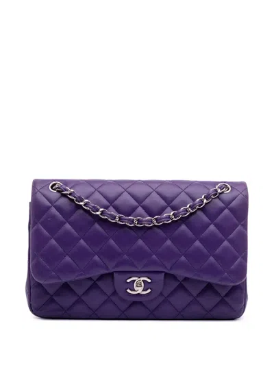 Pre-owned Chanel 2015-2016 Jumbo Classic Lambskin Double Flap Shoulder Bag In Purple