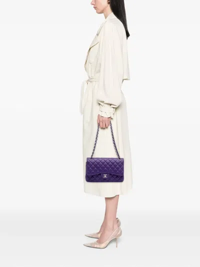 Pre-owned Chanel 2015-2016 Jumbo Classic Lambskin Double Flap Shoulder Bag In Purple