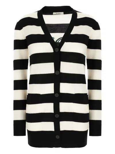Max Mara Bold Black And White Striped V-neck Sweater With Button-down Front In Multi