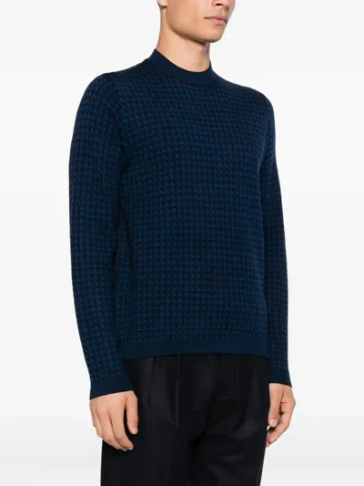 Emporio Armani Geometric Pattern Crewneck Wool Jumper In Blue