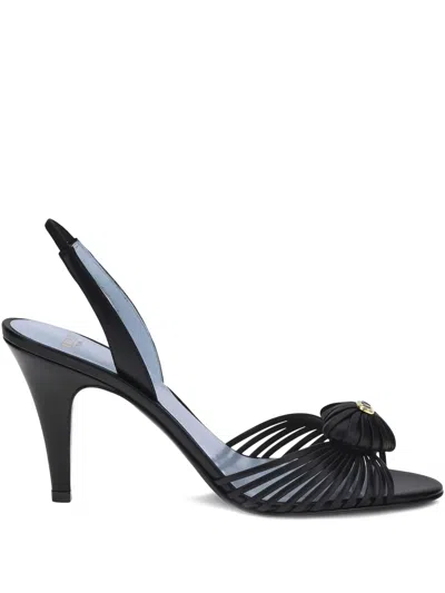 Valentino Black Slingback Leather Woven Heart Heeled Sandals In Black