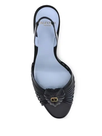 Valentino Black Slingback Leather Woven Heart Heeled Sandals In Black