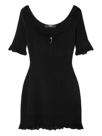 Versace Embellished Ruffled Cable-knit Wool-blend Mini Dress In Black