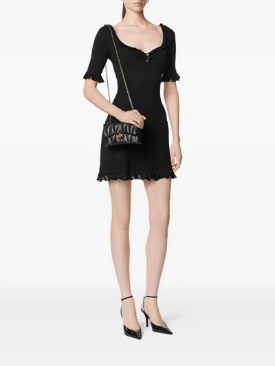 Versace Embellished Ruffled Cable-knit Wool-blend Mini Dress In Black
