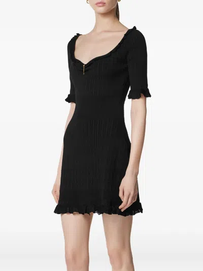 Versace Embellished Ruffled Cable-knit Wool-blend Mini Dress In Black