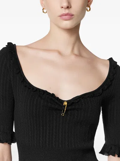 Versace Embellished Ruffled Cable-knit Wool-blend Mini Dress In Black