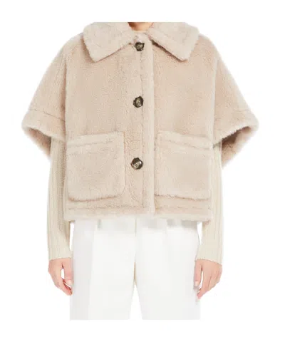 Max Mara Cape In Alpaca And Wool Teddy Fabric In Neutral