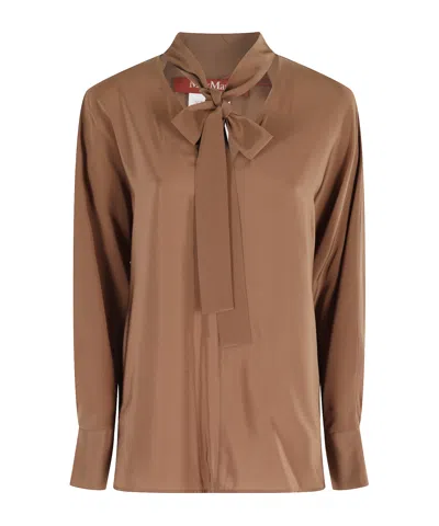 Max Mara Studio Silk Blouse With Bow Collar In Brown