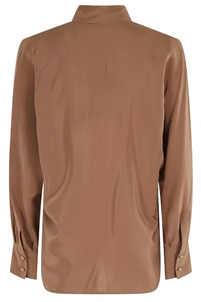 Max Mara Studio Silk Blouse With Bow Collar In Brown