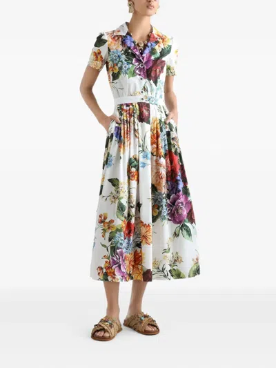 Dolce & Gabbana Midi Poplin Dress With Flower Bouquet Print Dolce E Gabbana In White