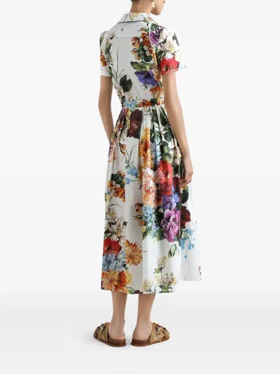 Dolce & Gabbana Midi Poplin Dress With Flower Bouquet Print Dolce E Gabbana In White
