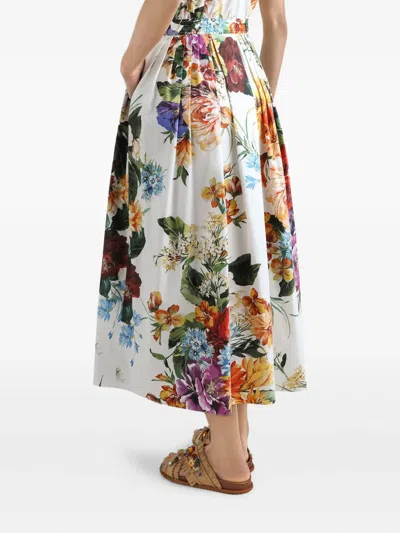 Dolce & Gabbana Midi Poplin Dress With Flower Bouquet Print Dolce E Gabbana In White