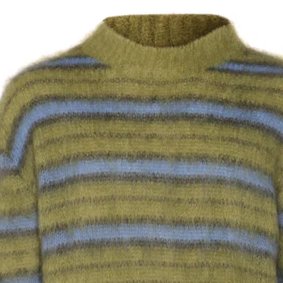 Marni Crew Neck Fuzzy Striped Sweater In Green