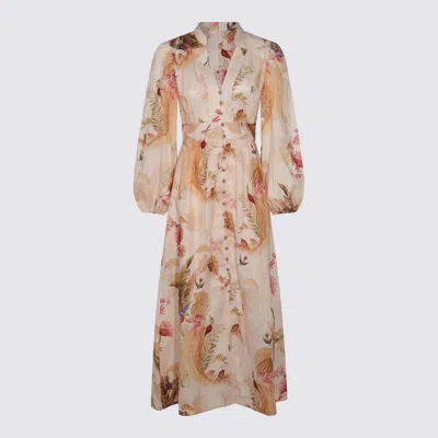 Zimmermann Ascension Linen Plunge Midi Dress In Multi