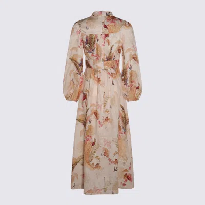 Zimmermann Ascension Linen Plunge Midi Dress In Multi