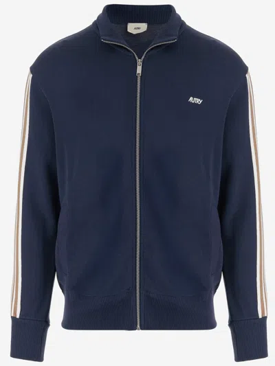 Autry High-collar Blue Jacket With Vertical Stripes And Ribbed Cuffs In Blue
