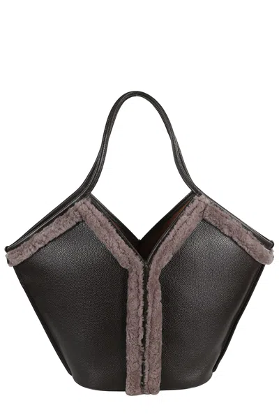 Hereu Leather Shopping Bag Shearling Trim In Black