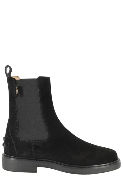 Tod's Suede Ankle Boots With Round Toe And Elastic Inserts In Black