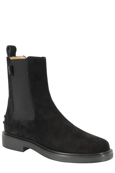 Tod's Suede Ankle Boots With Round Toe And Elastic Inserts In Black