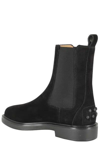 Tod's Suede Ankle Boots With Round Toe And Elastic Inserts In Black