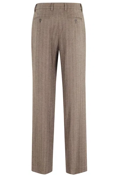Seventy Taupe Herringbone Wool Blend Pants With Tailored Finish In Brown