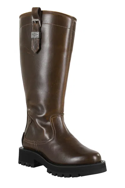 Ganni Studs High Boot Crinkle In Brown