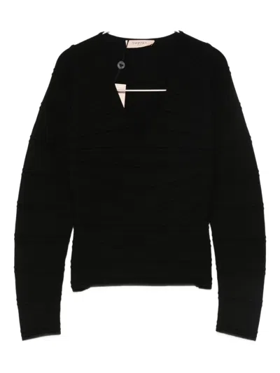 Twinset Twin-set Deep V-neck Black Ribbed Sweater In Black