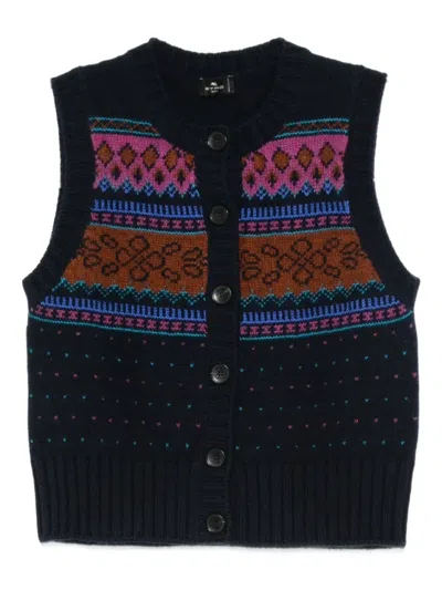 Etro Button-fastening Patterned Wool Cardigan In Black