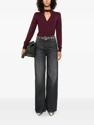 Twinset Twin-set Burgundy Knit Sweater With Keyhole Neck And Ribbed Hem In Burgundy