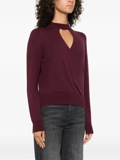 Twinset Twin-set Burgundy Knit Sweater With Keyhole Neck And Ribbed Hem In Burgundy