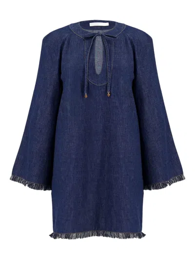 Zimmermann Rhiannon Fringed Denim Mini Dress In Blue