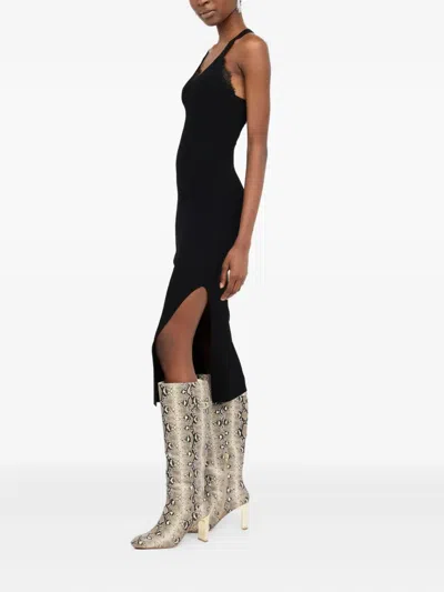 LACE-INSERT RIBBED-KNIT MIDI DRESS