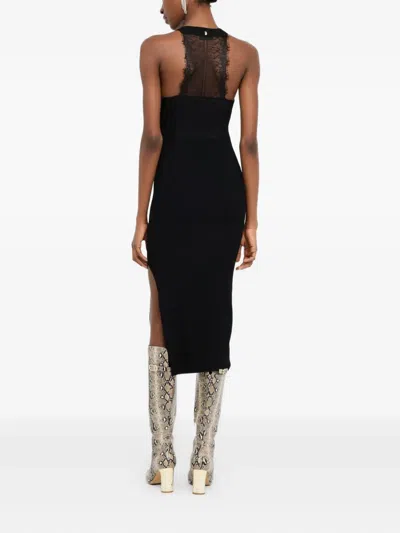 LACE-INSERT RIBBED-KNIT MIDI DRESS