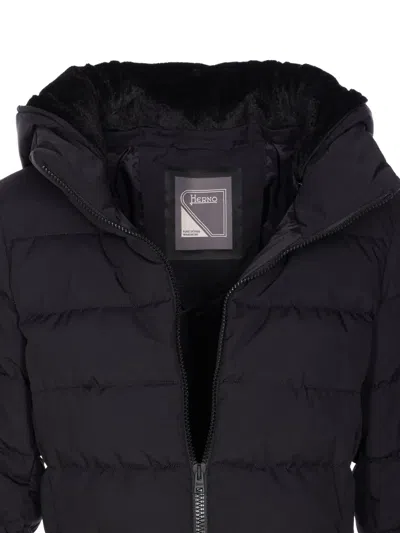Herno Padded Hooded Long Down Jacket Zip Pockets In Black