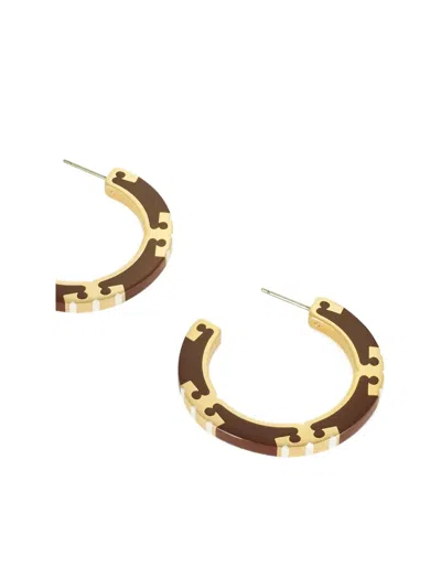 Tory Burch T Stripe Hoop Earrings In Brown