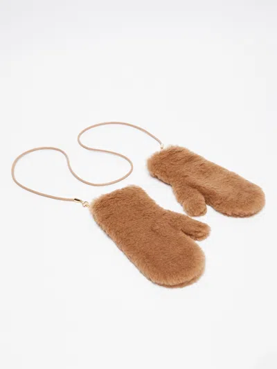 Max Mara Teddy Fabric Mittens Attached String In Brown