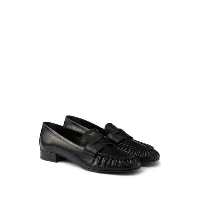 Prada Rounded Toe Loafers With Textured Detailing And Low Block Heel In Black