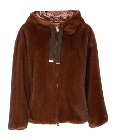 Herno Dark Brown Faux Fur Bomber Jacket With Custom Drawstring Hood In Brown