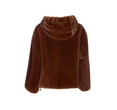 Herno Dark Brown Faux Fur Bomber Jacket With Custom Drawstring Hood In Brown