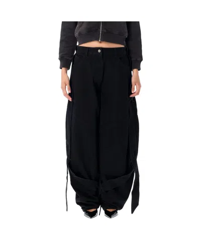 Attico Wide Leg Denim Trousers With Strap And Pockets In Black