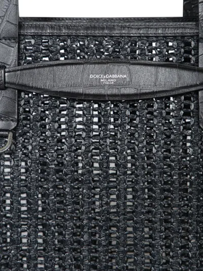 Dolce & Gabbana Rectangular Woven Crochet Tote Bag Handles In Black