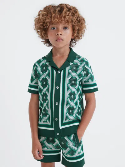 Reiss Green Multi 3-9 Yrs Knitted Cuban Collar Button-through Shirt In Green